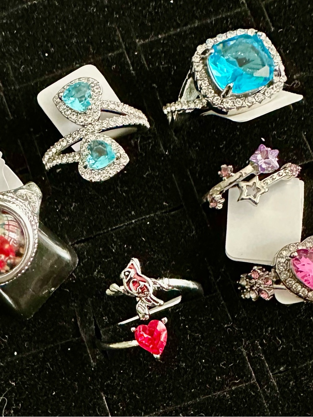 Collection of 6 Silver Rings with Bright Blue Gemstone and Pavé Accents, size 7